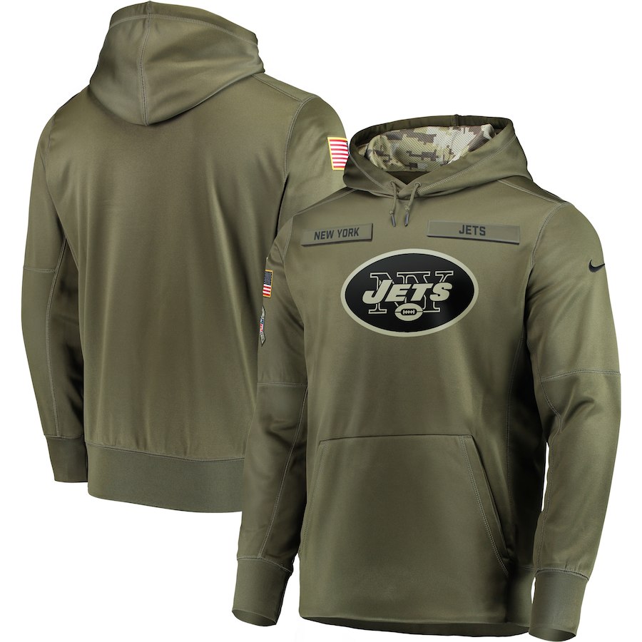 Men's New York Jets 2018 Olive Salute to Service Sideline Therma Performance Pullover Stitched Hoodie